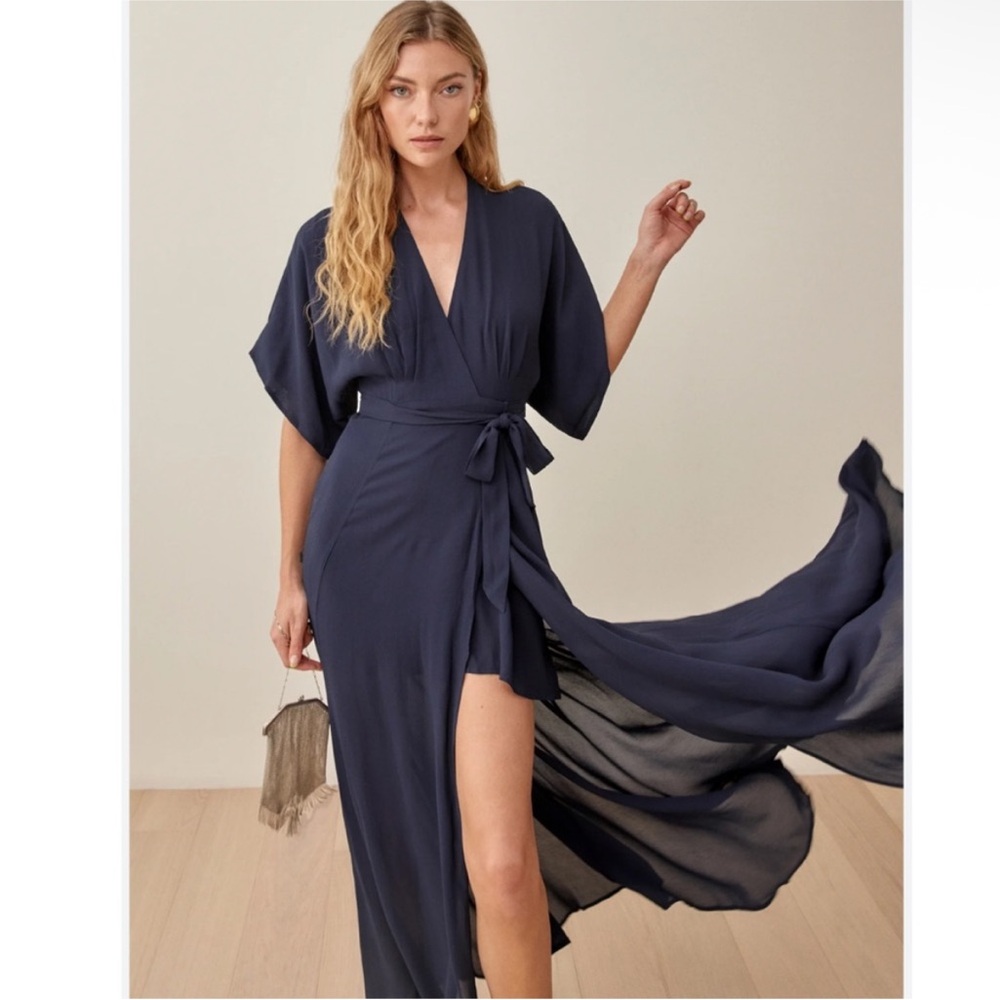 Reformation Winslow Navy Wrap Maxi Dress with Slit Detail